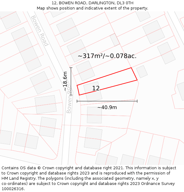 12, BOWEN ROAD, DARLINGTON, DL3 0TH: Plot and title map