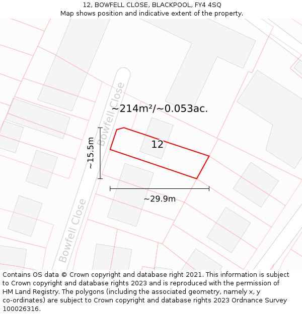 12, BOWFELL CLOSE, BLACKPOOL, FY4 4SQ: Plot and title map