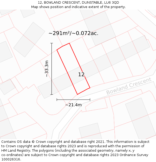 12, BOWLAND CRESCENT, DUNSTABLE, LU6 3QD: Plot and title map