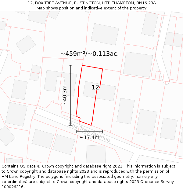 12, BOX TREE AVENUE, RUSTINGTON, LITTLEHAMPTON, BN16 2RA: Plot and title map