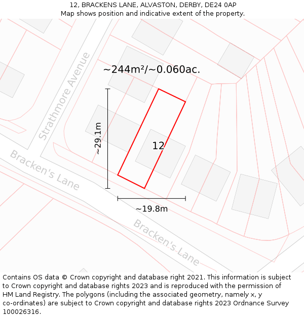 12, BRACKENS LANE, ALVASTON, DERBY, DE24 0AP: Plot and title map