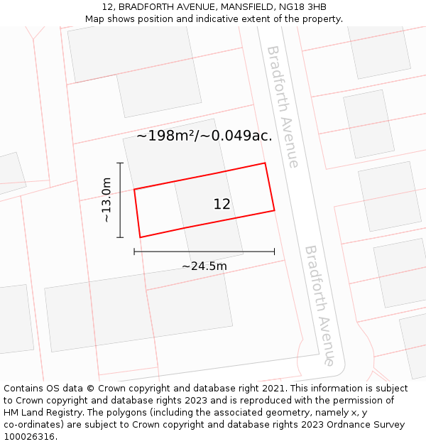 12, BRADFORTH AVENUE, MANSFIELD, NG18 3HB: Plot and title map