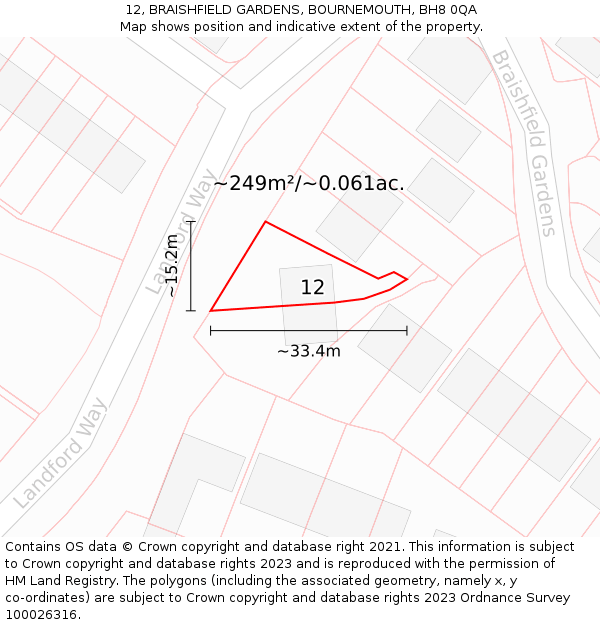 12, BRAISHFIELD GARDENS, BOURNEMOUTH, BH8 0QA: Plot and title map
