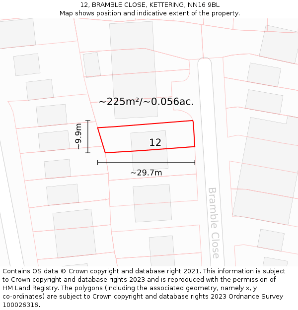 12, BRAMBLE CLOSE, KETTERING, NN16 9BL: Plot and title map