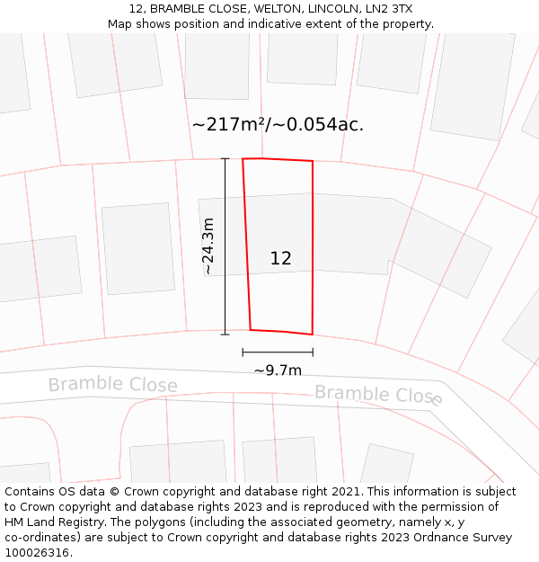 12, BRAMBLE CLOSE, WELTON, LINCOLN, LN2 3TX: Plot and title map