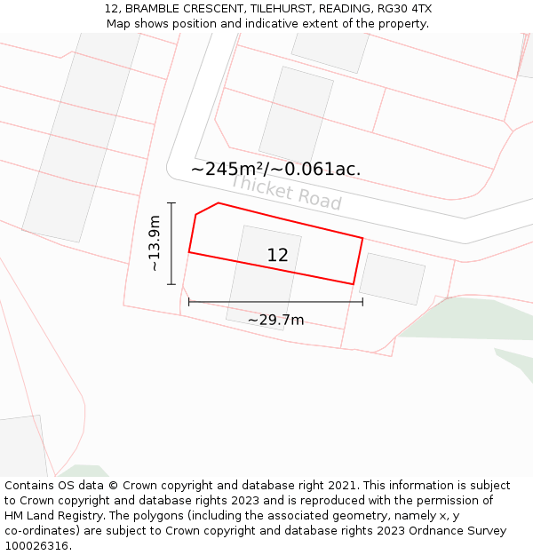 12, BRAMBLE CRESCENT, TILEHURST, READING, RG30 4TX: Plot and title map