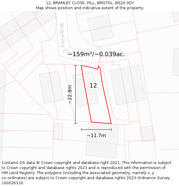 12, BRAMLEY CLOSE, PILL, BRISTOL, BS20 0DY: Plot and title map