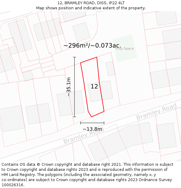 12, BRAMLEY ROAD, DISS, IP22 4LT: Plot and title map