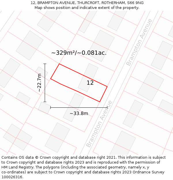 12, BRAMPTON AVENUE, THURCROFT, ROTHERHAM, S66 9NG: Plot and title map