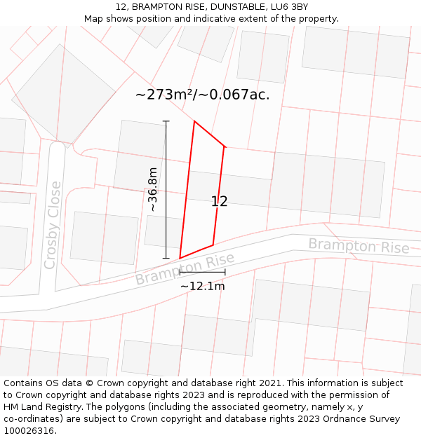 12, BRAMPTON RISE, DUNSTABLE, LU6 3BY: Plot and title map