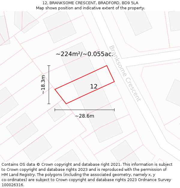 12, BRANKSOME CRESCENT, BRADFORD, BD9 5LA: Plot and title map