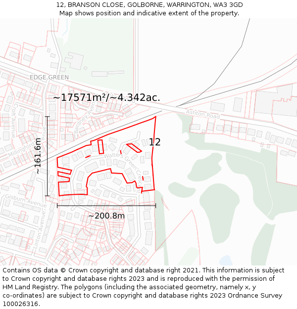 12, BRANSON CLOSE, GOLBORNE, WARRINGTON, WA3 3GD: Plot and title map