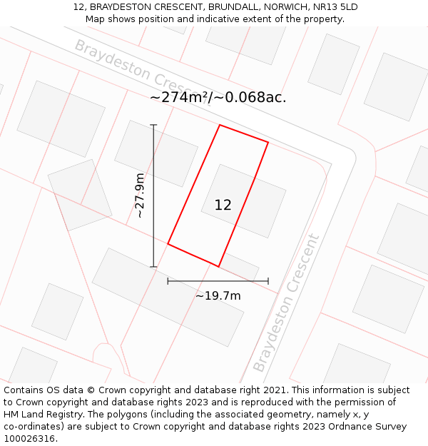12, BRAYDESTON CRESCENT, BRUNDALL, NORWICH, NR13 5LD: Plot and title map
