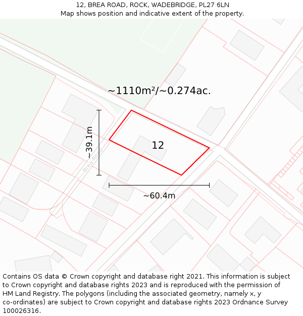 12, BREA ROAD, ROCK, WADEBRIDGE, PL27 6LN: Plot and title map