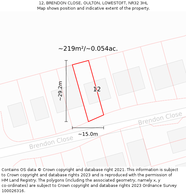 12, BRENDON CLOSE, OULTON, LOWESTOFT, NR32 3HL: Plot and title map