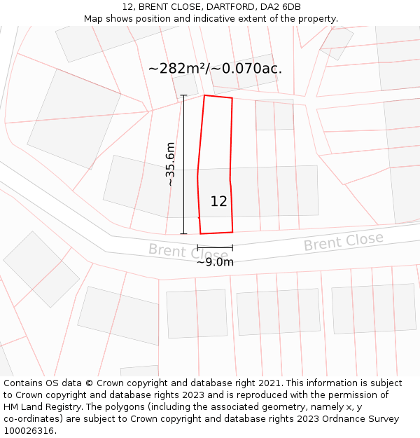 12, BRENT CLOSE, DARTFORD, DA2 6DB: Plot and title map