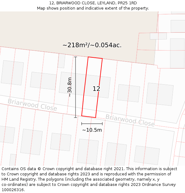 12, BRIARWOOD CLOSE, LEYLAND, PR25 1RD: Plot and title map