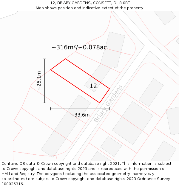 12, BRIARY GARDENS, CONSETT, DH8 0RE: Plot and title map