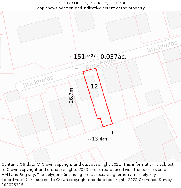 12, BRICKFIELDS, BUCKLEY, CH7 3BE: Plot and title map