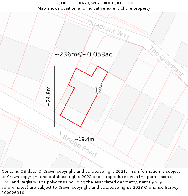 12, BRIDGE ROAD, WEYBRIDGE, KT13 8XT: Plot and title map