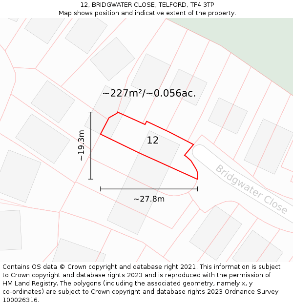 12, BRIDGWATER CLOSE, TELFORD, TF4 3TP: Plot and title map