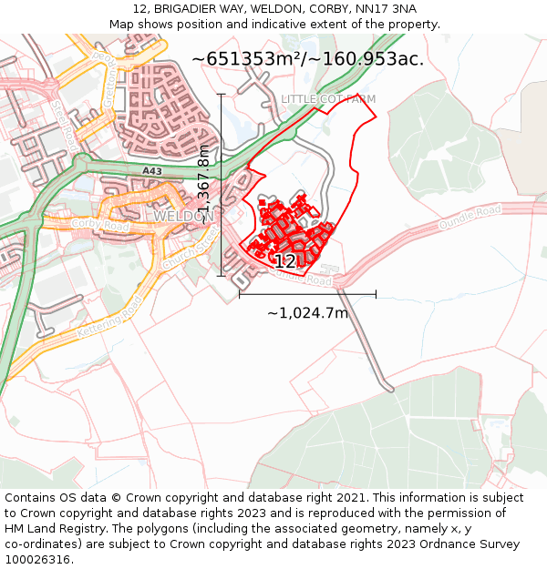 12, BRIGADIER WAY, WELDON, CORBY, NN17 3NA: Plot and title map