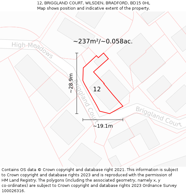 12, BRIGGLAND COURT, WILSDEN, BRADFORD, BD15 0HL: Plot and title map