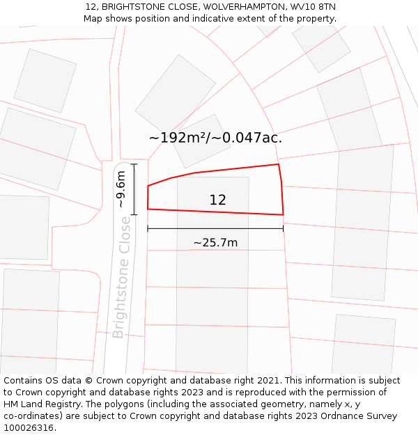 12, BRIGHTSTONE CLOSE, WOLVERHAMPTON, WV10 8TN: Plot and title map