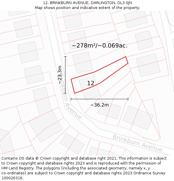 12, BRINKBURN AVENUE, DARLINGTON, DL3 0JN: Plot and title map