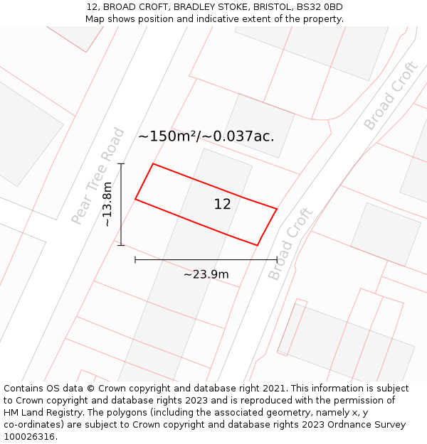 12, BROAD CROFT, BRADLEY STOKE, BRISTOL, BS32 0BD: Plot and title map