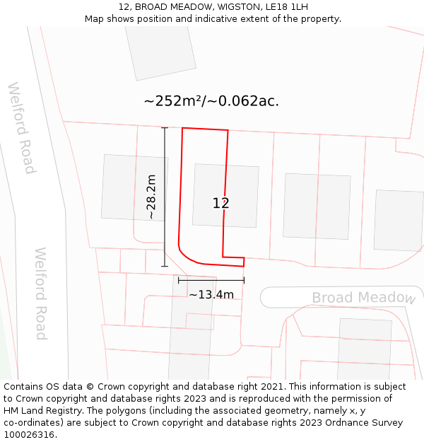 12, BROAD MEADOW, WIGSTON, LE18 1LH: Plot and title map