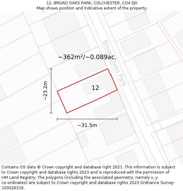 12, BROAD OAKS PARK, COLCHESTER, CO4 0JX: Plot and title map