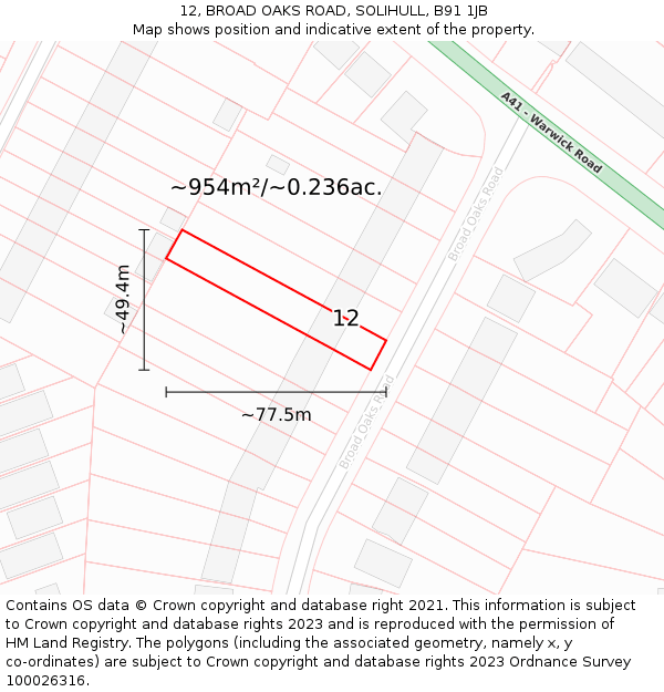 12, BROAD OAKS ROAD, SOLIHULL, B91 1JB: Plot and title map