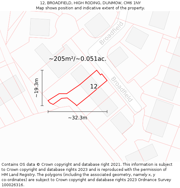 12, BROADFIELD, HIGH RODING, DUNMOW, CM6 1NY: Plot and title map