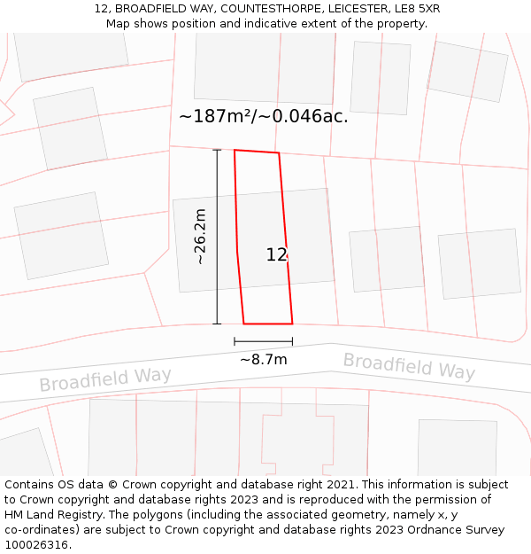 12, BROADFIELD WAY, COUNTESTHORPE, LEICESTER, LE8 5XR: Plot and title map