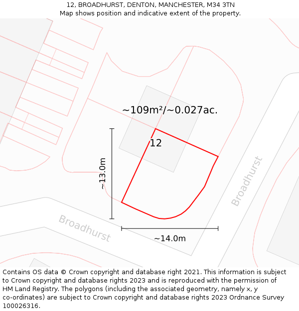 12, BROADHURST, DENTON, MANCHESTER, M34 3TN: Plot and title map