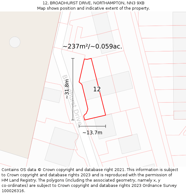 12, BROADHURST DRIVE, NORTHAMPTON, NN3 9XB: Plot and title map