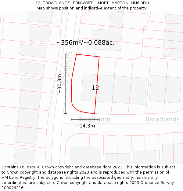 12, BROADLANDS, BRIXWORTH, NORTHAMPTON, NN6 9BH: Plot and title map