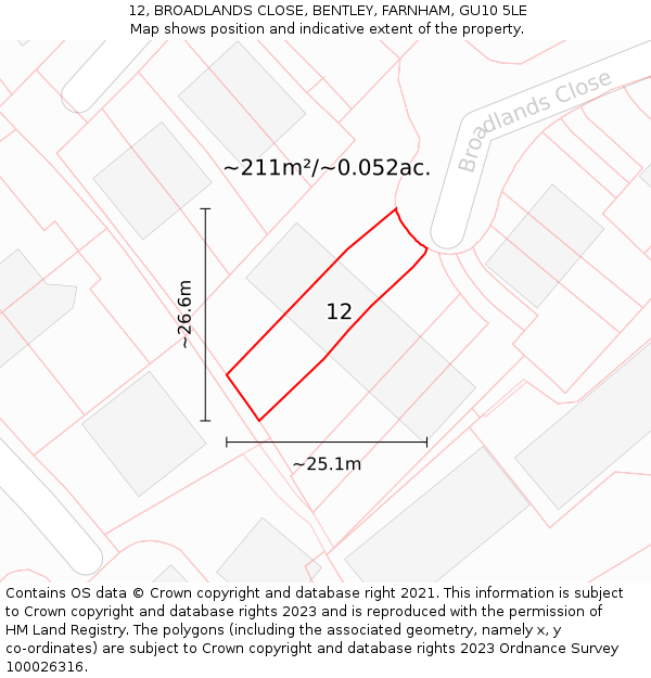 12, BROADLANDS CLOSE, BENTLEY, FARNHAM, GU10 5LE: Plot and title map