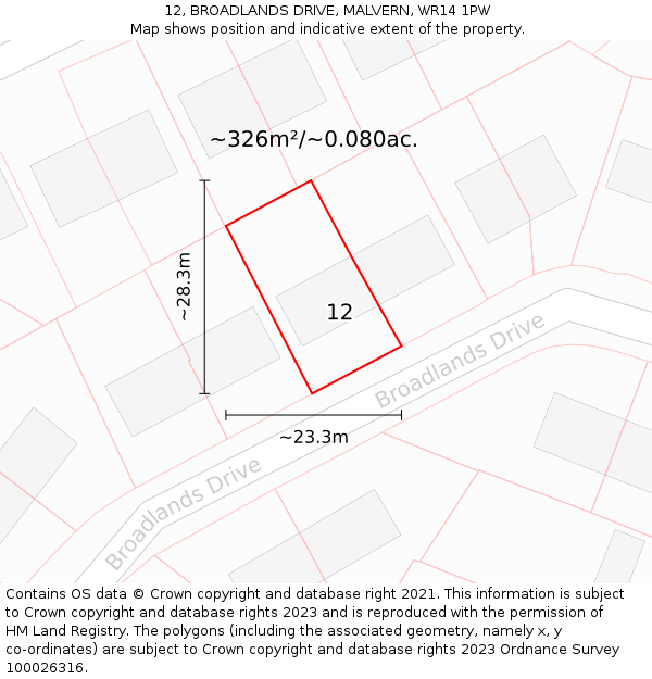 12, BROADLANDS DRIVE, MALVERN, WR14 1PW: Plot and title map