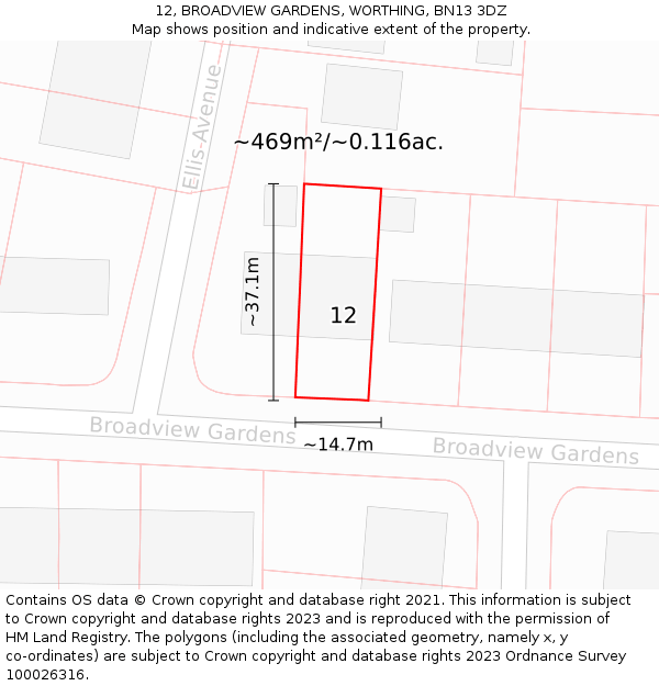 12, BROADVIEW GARDENS, WORTHING, BN13 3DZ: Plot and title map
