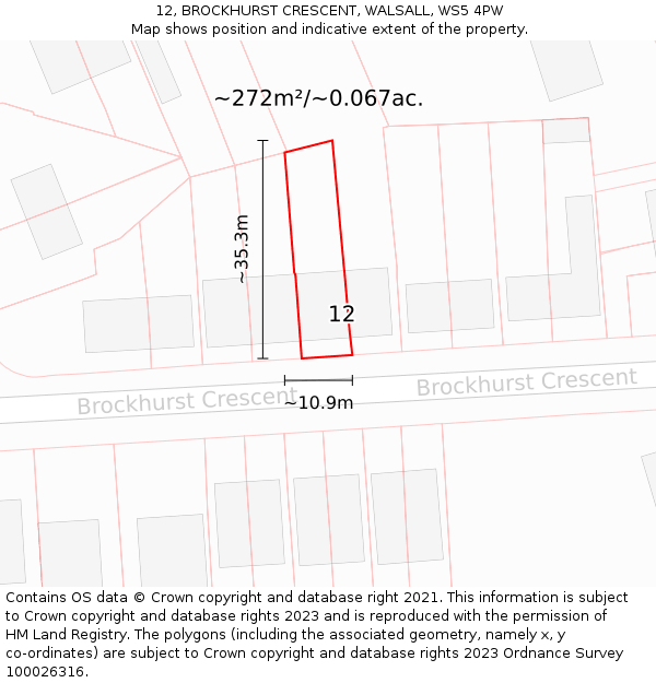 12, BROCKHURST CRESCENT, WALSALL, WS5 4PW: Plot and title map