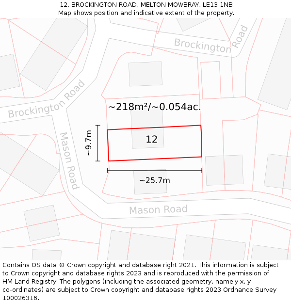 12, BROCKINGTON ROAD, MELTON MOWBRAY, LE13 1NB: Plot and title map