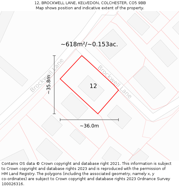 12, BROCKWELL LANE, KELVEDON, COLCHESTER, CO5 9BB: Plot and title map