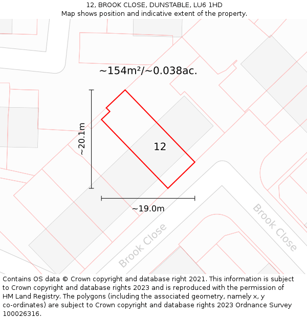 12, BROOK CLOSE, DUNSTABLE, LU6 1HD: Plot and title map