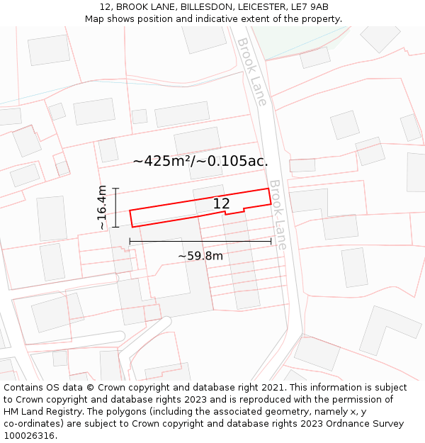 12, BROOK LANE, BILLESDON, LEICESTER, LE7 9AB: Plot and title map