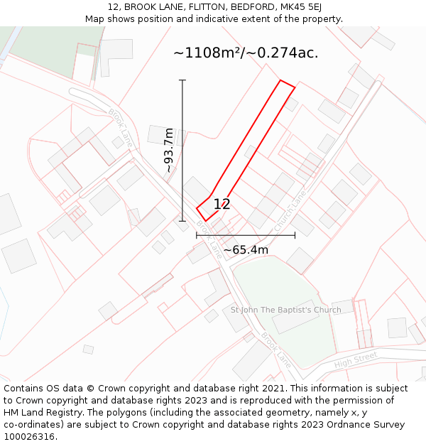 12, BROOK LANE, FLITTON, BEDFORD, MK45 5EJ: Plot and title map
