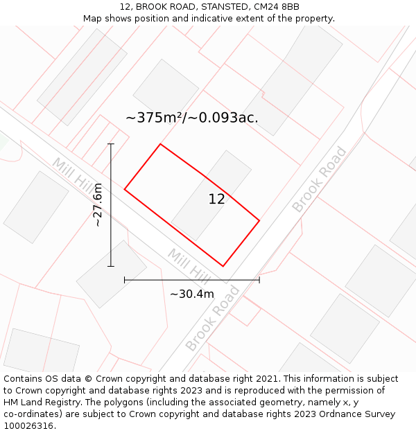 12, BROOK ROAD, STANSTED, CM24 8BB: Plot and title map