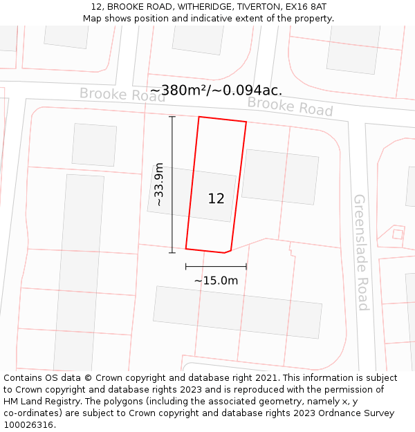 12, BROOKE ROAD, WITHERIDGE, TIVERTON, EX16 8AT: Plot and title map