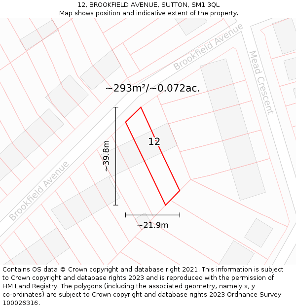 12, BROOKFIELD AVENUE, SUTTON, SM1 3QL: Plot and title map